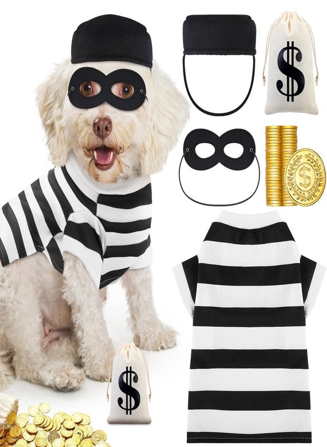 Velmitten Dogs Robber Costume for Pets Halloween Robber Puppy Costume Set, Pooch Shirts Washable Dog Hat Thief Eye Mask Money Sacks Bag 20 Pcs Plastic Gold Coin for Pup Cosplay Party (S) - Image 1